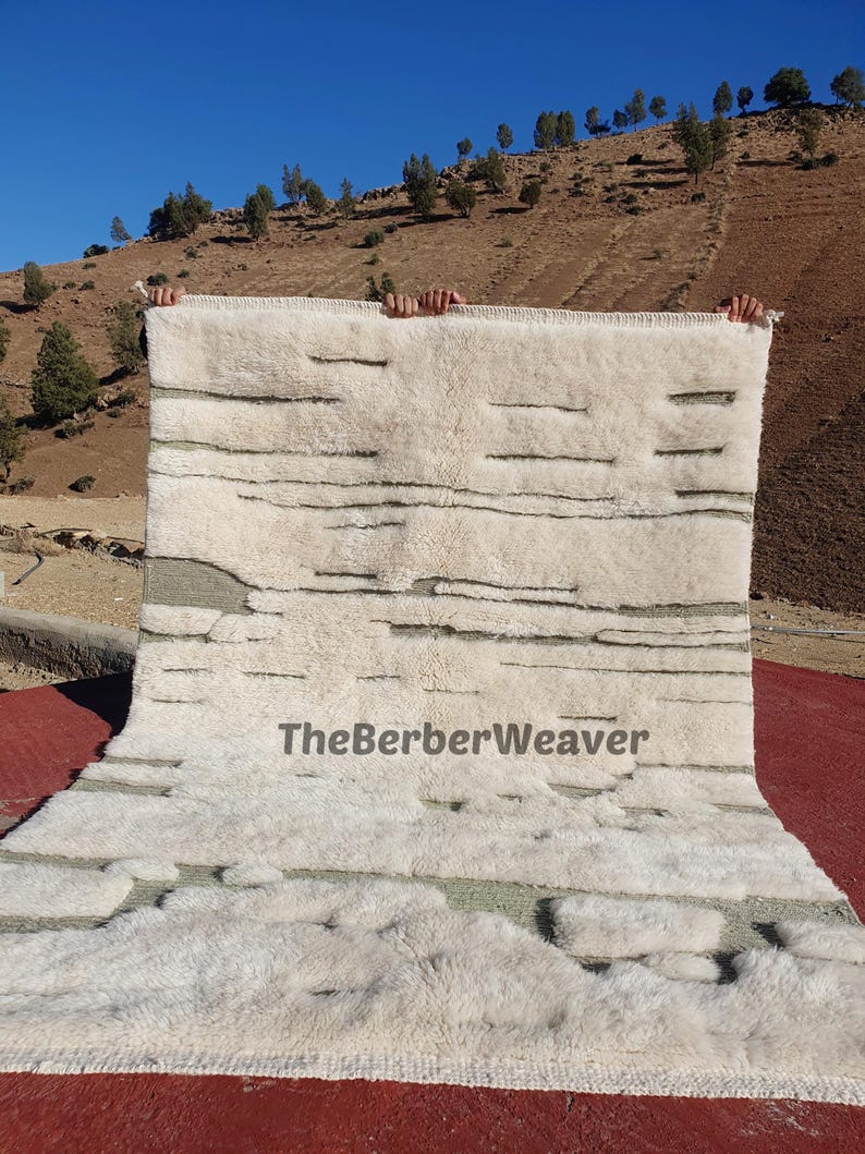 Off White Moroccan Handmade Wool Rug Sage Green Hollow Design Area Customizable Berber Tribal Beni Mrirt Unique Custom Size