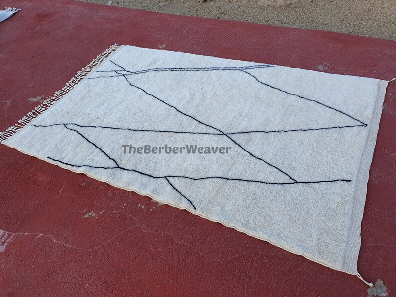 Handmade Striped Moroccan Wool Rug - Off White Black Lines Beni Mrirt Berber Custom Size Area Carpet, made to order