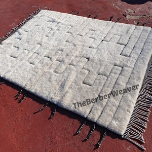 Handwoven Beni Mrirt Rug Off-White Modern Geometric Berber Custom Size Moroccan Area Wool Black hollow design
