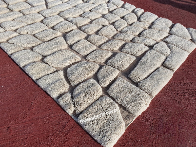Ivory Moroccan Handmade Wool Rug Natural Beige Hollow Design High Pile Shaggy Custom Size Berber Bedroom Area