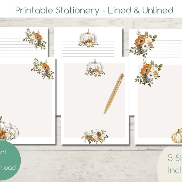 PRINTABLE Pumpkin Stationery Writing Paper | Instant PDF Download | Fall Stationary | Lined and Unlined | US Letter, A4, A5, Happy Planner