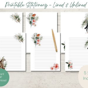 Papelería floral de la selva IMPRIMIBLE / Descarga instantánea PDF / Estacionario / Forrado / Sin forro / Correo postal / Escritura de cartas florales / Papel de notas