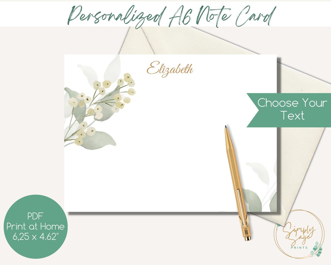 Personalized Watercolor Leafy Note Card PDF Print at Home Teachers