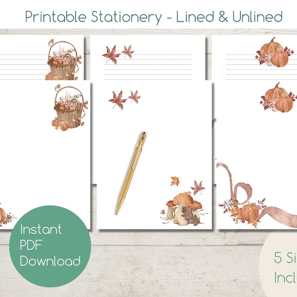 PRINTABLE Pumpkin Stationery | Instant PDF Download Stationary | Fall | Lined & Unlined | US Letter, A4, A5, Happy Planner | Note Paper