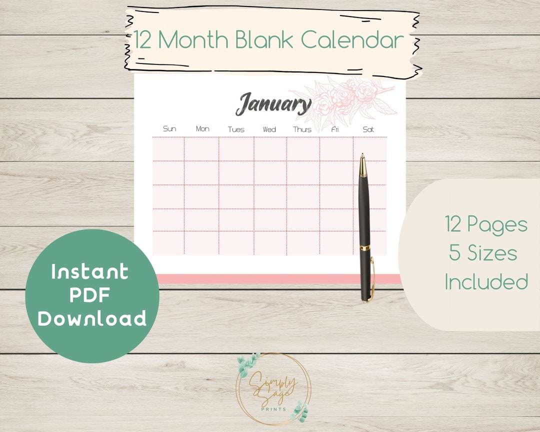 PRINTABLE Calendar 12 Month Simple Calendar, Digital Download Calendar ...