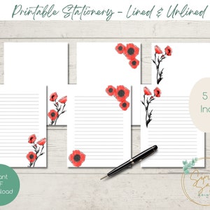 Cancelleria STAMPABILE / Stazionario Poppy / Download istantaneo / Penpals / Scrittura di lettere / Foderato / Senza fodera / Lettera USA / Carta da lettere / A4