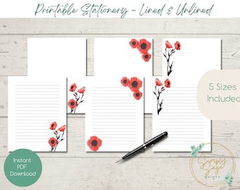 PRINTABLE Stationery | Poppy Stationary | Instant Download | Penpals | Letter Writing|  Lined | Unlined | US Letter| Writing Paper | A4