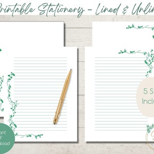 Papelería IMPRIMIBLE Green Vine / Descarga instantánea de PDF / Floral / Escritura de cartas / Forrado / Sin forro / Niños / Maestros / Escritura / Estacionario