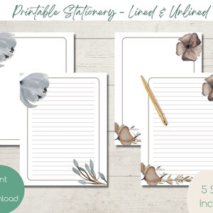 Papelería IMPRIMIBLE / Gris Taupe Floral / Descarga instantánea / Amigos por correspondencia / Escritura de cartas / Forrado / Sin forro / Carta de EE. UU. / Papel de escritura / A4