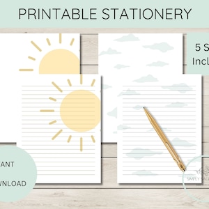 May include: Printable stationery featuring a sun and clouds design. The stationery is available in five sizes. The text "Instant PDF Download" is visible in the lower left corner. The text "5 Sizes Included" is visible in the upper right corner.