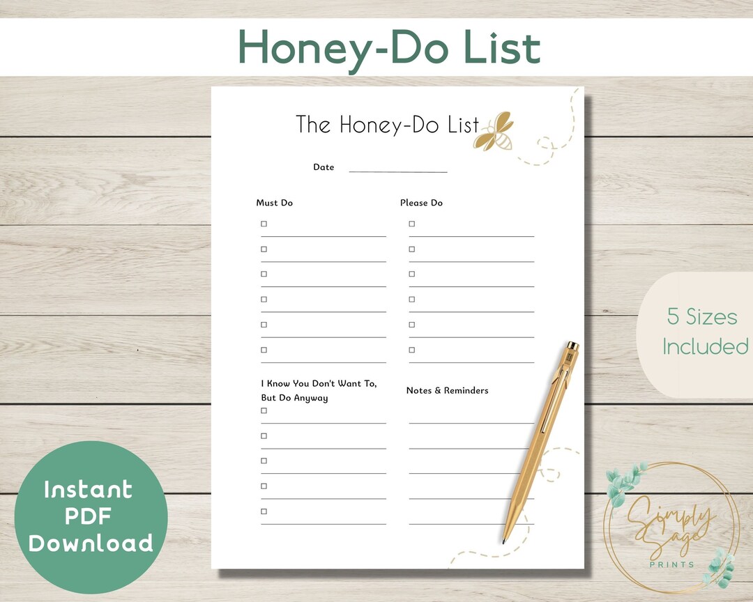 PRINTABLE Honeydo List Page Minimal Single Page Planner to Do