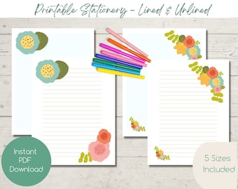 PRINTABLE Stationery | Bright Poppy Graphics | Instant Download | Penpals | Letter Writing | Lined | Unlined | US Letter| Writing Paper | A4