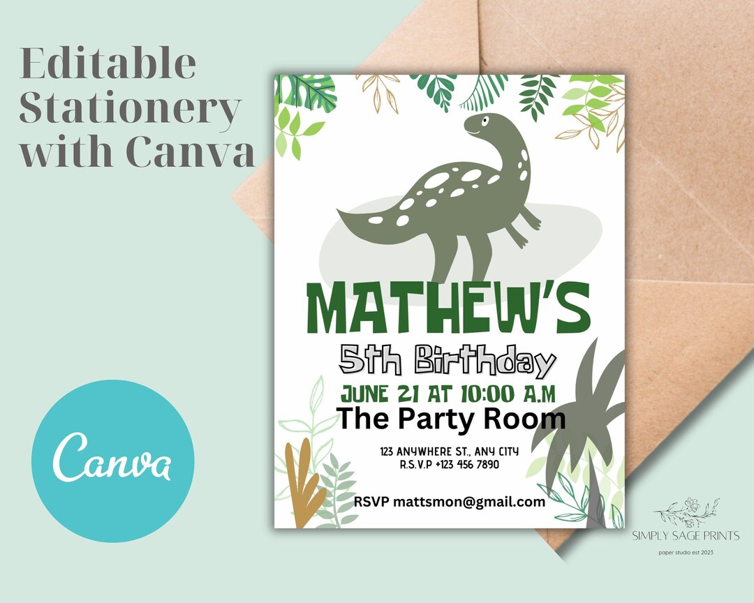 Edit With Canva Dino Party Invitation | Birthday Party | Print at Home ...