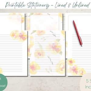 Papelería de rosas amarillas IMPRIMIBLE / Descarga instantánea PDF / Estacionario / Forrado / Sin forro / Correo postal / Escritura de cartas florales / Papel de notas