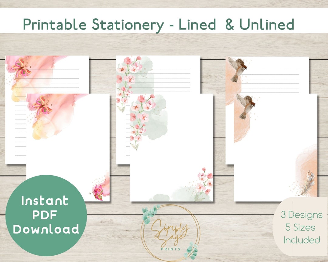 PRINTABLE Watercolor Stationery Instant PDF Download Pen Pals Letter