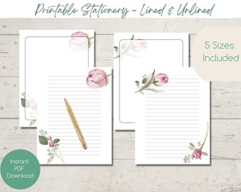 PRINTABLE Stationery | Pink Roses | Instant Download | Penpals | Letter Writing | Lined | Unlined | US Letter| Writing Paper | A4