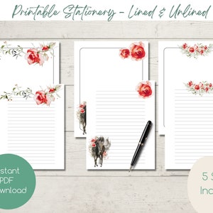 Papelería IMPRIMIBLE Unicorn Roses / Descarga instantánea PDF / Estacionario / Forrado / Sin forro / Correo postal / Escritura de cartas florales / Papel de notas
