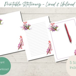 AFDRUKBARE briefpapier | Aquarel vogel bloemen | Direct downloaden | Penvriend | Brieven schrijven | Gevoerd | Ongevoerd | Amerikaanse brief| Schrijfpapier | A4