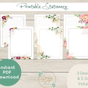 Papelería floral IMPRIMIBLE / Descarga instantánea en PDF / Carta de EE. UU. / Papel rayado / Sin raya / Correo postal / Escritura de cartas florales / Papel para notas