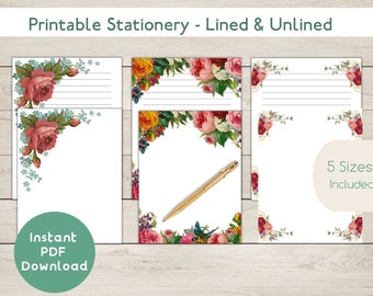 PRINTABLE Stationery | PRINTABLE Stationary | Instant Download | Penpals | Letter Writing|  Lined | Unlined | US Letter| Writing Paper | A4