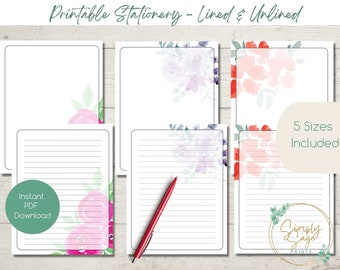 PRINTABLE Floral Stationery | Stationary for Instant Download | Penpals | Letter Writing | Lined Unlined | US Letter, Writing Paper, A5, A4