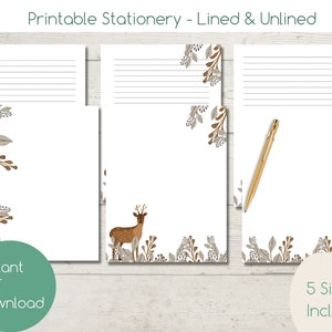 Cancelleria stampabile con cervi autunnali / Download PDF istantaneo Cartoleria / Foderata e sfoderata / Lettera USA, A4, A5, Happy Planner / Carta per appunti