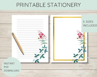 PRINTABLE Stationery | Instant PDF Download | Floral | Letter Writing | Lined | Unlined | US Letter A4 | Teachers | Writing | Stationary
