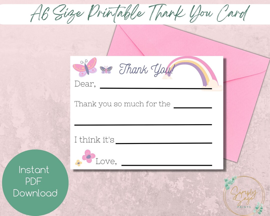 Printable Thank You Card Kids Fillable Thank You Card Rainbow A6 Print ...