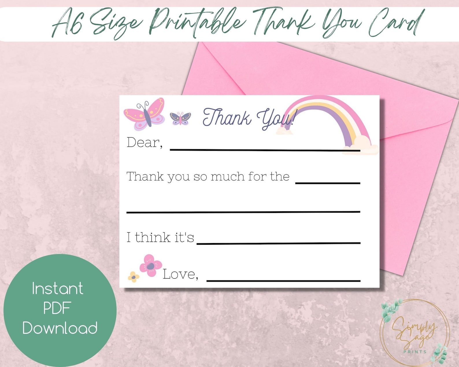 Printable Thank You Card Kids Fillable Thank You Card Rainbow A6 Print ...