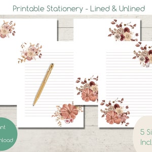 DRUCKBARE Kürbis-Blumen-Briefpapier | Sofortiger PDF-Download | Gefüttert und ungefüttert | US Letter, A4, A5, Happy Planner, Herbstnotizpapier