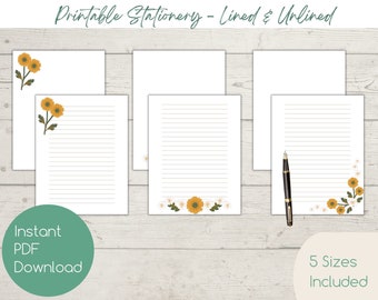 PRINTABLE Floral Stationery | Instant Download PDF | Stationary | Lined Paper | Unlined | Yellow Retro | Floral Letter Writing | Note Paper