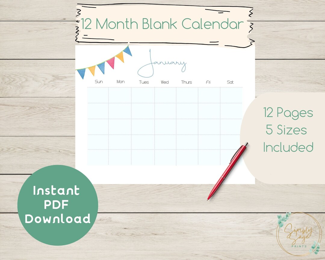 PRINTABLE Calendar 12 Month Simple Calendar, Digital Download Calendar ...