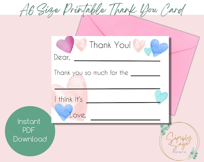 Printable Thank You Card | Kids Fillable Thank You Card | Hearts | A6 ...