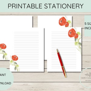 Papelería IMPRIMIBLE, Floral Rojo, Descarga Instantánea, Escritura de Cartas, Planificador Feliz, Papel de Notas, Carta de EE. UU., Papel de Escritura, A4, Estacionario