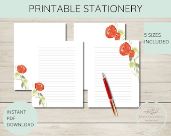 PRINTABLE Stationery, Red Floral, Instant Download, Letter Writing, Happy Planner, Notepaper, US Letter, Writing Paper, A4, Stationary