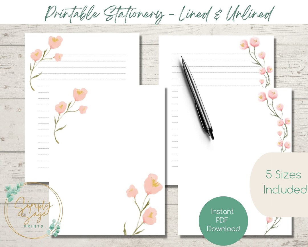 Pink Floral Stationery: Lined & Unlined Letter Writing Paper (PDF ...