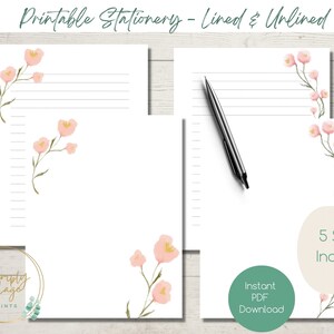 印刷可能な文房具 | ピンクの花柄文房具 | 即時ダウンロード | メモ | 手紙を書く | 罫線入り | 罫線なし | US レター | 筆記用紙 | A4