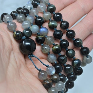 STRESS RELIEF Blue Tiger Eye,Labradorite,Obsidian 108 Beads Mala,Reiki Infused Healing Energy Mala,Gemstone Hand Knotted Mala, Yoga Gifts