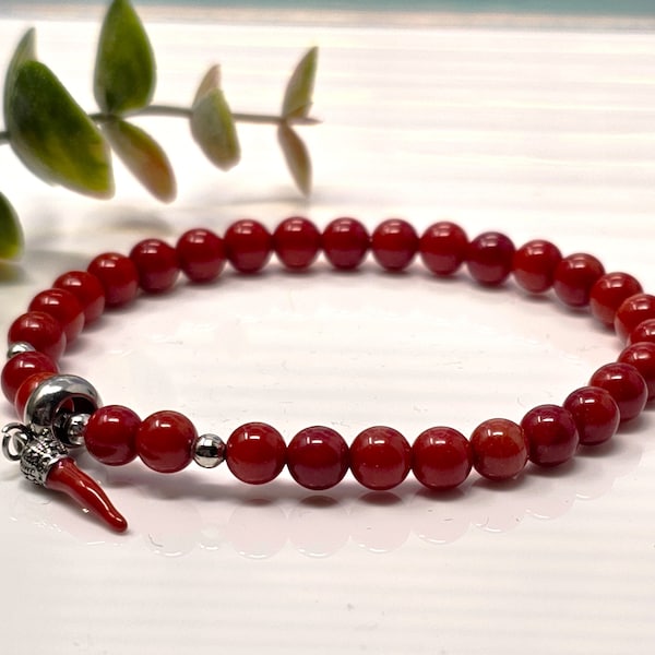 Good Luck and Powerful Protection Coral Bracelet, Reiki Infused Mala, Italian Red Horn Charm, Red Chili Pepper,Passion,Love,For Men or Women