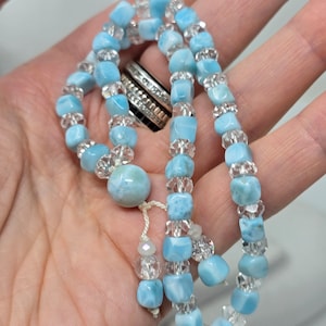 Beautiful  Mini pocket Prayer Mala 33 Beads, AAAAAA quality Larimar and Crystal Clear Quartz, Beautiful and Gentle Companion