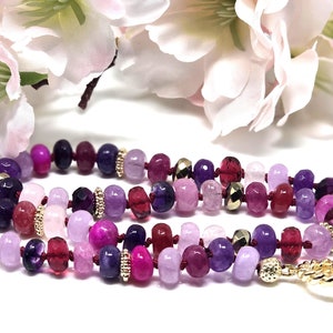 Gorgeous Hand Knotted Pink Rainbow Gemstone Candy Necklace, High Quality 18&quot; Multi Stone Mix Color Rondelle Beads, 14k Gold Filled Enhancer