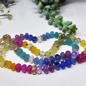 Beautiful Hand Knotted Rainbow Gemstone Candy Necklace, High Quality 20&quot; Multi Stone Mix Color Rondelle Beads, 14k Gold Filled Enhancer