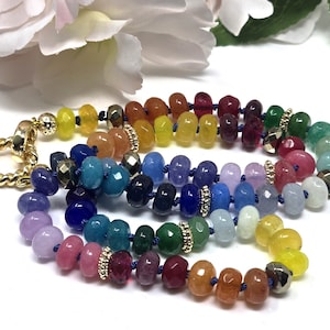 Gorgeous Hand Knotted Rainbow Gemstone Candy Necklace, High Quality 20&quot; Multi Stone Mix Color Rondelle Beads, 14k Gold Filled Enhancer