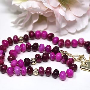 Beautiful Hand Knotted Pink Gemstone Candy Necklace, High Quality 16&quot; Multi Shade Color Rondelle Opal Beads, 14k Gold Filled Heart Enhancer