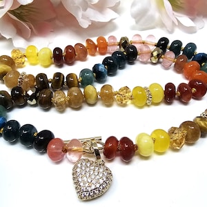 Stunning Hand Knotted Rainbow Gemstone Candy Necklace, High Quality 17&quot; Multi Stone Mix Color Rondelle Beads, 14k Gold Filled Heart Enhancer