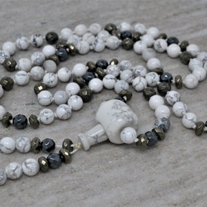 Howlite Pyrite Hematite Mala: Hand Knotted 108 Bead Prayer Necklace