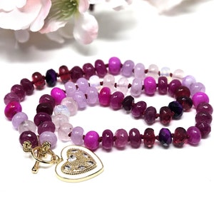 Beautiful Hand Knotted Pink Gemstone Candy Necklace, High Quality 17&quot; Multi Stone Mix Color Rondelle Beads, 14k Gold Filled Heart Enhancer