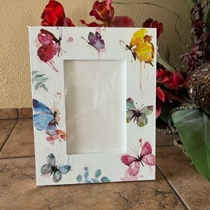 Beautiful Butterfly 4x6 Decoupaged Picture Frame, Multi-colored Pastel Butterflies, Watercolor Feel, Gift for Her, Light & Airy, Shabby Chic
