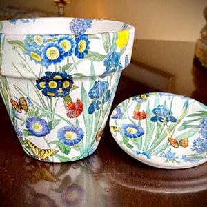 Decoupage Iris Flower Pot with Saucer: Butterfly Garden Decor