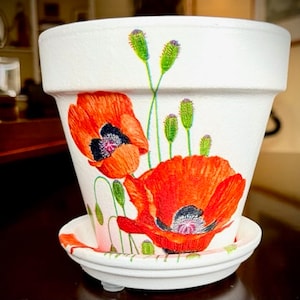 Vibrant Orange California Poppy Flower Pot, Matching Saucer, Floral Decor, Colorful & Fun